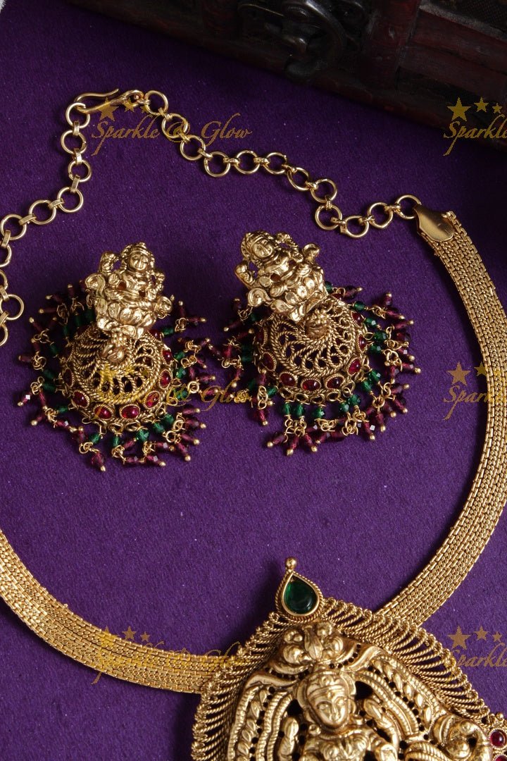Beautiful gold alike lakshmi peacock carved pendent short necklace - Sparkle and Glow - Back Thread - 
