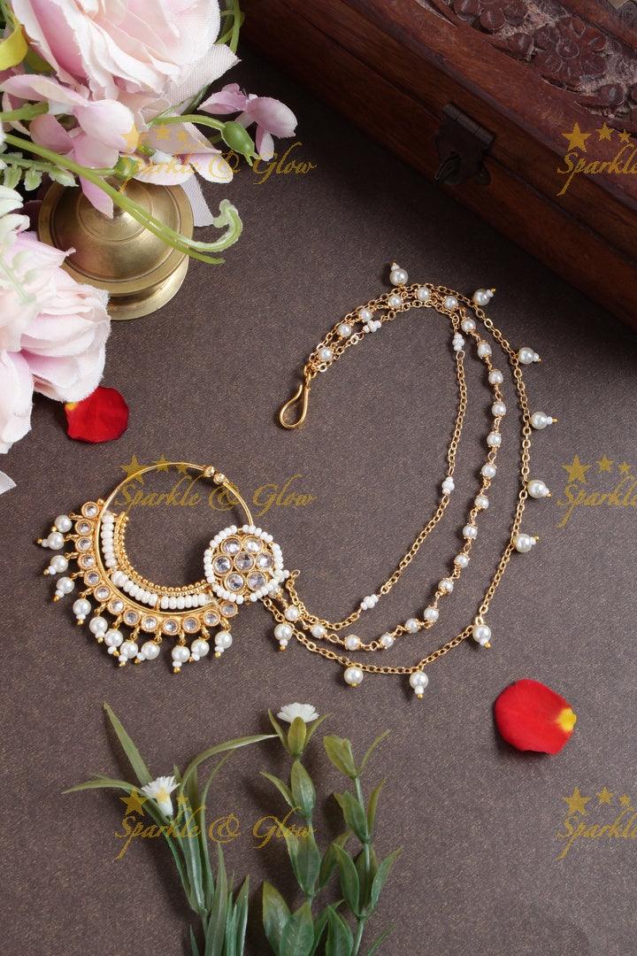 Antique pearl white stone nosepin with pearl chain - White - Sparkle and Glow