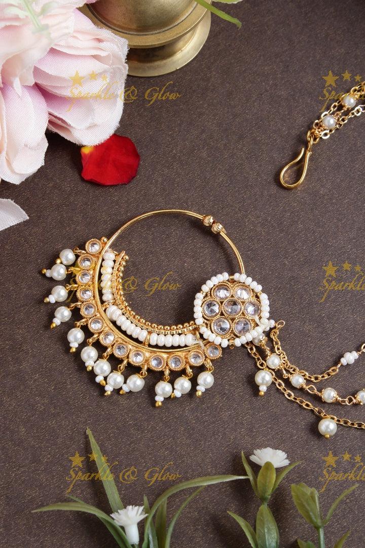 Antique pearl white stone nosepin with pearl chain - White - Sparkle and Glow