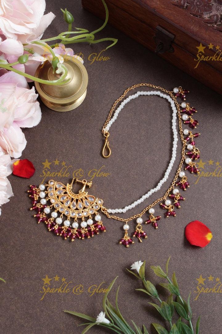 Antique half moon floral nosepin with pearl chain - Pink - Sparkle and Glow