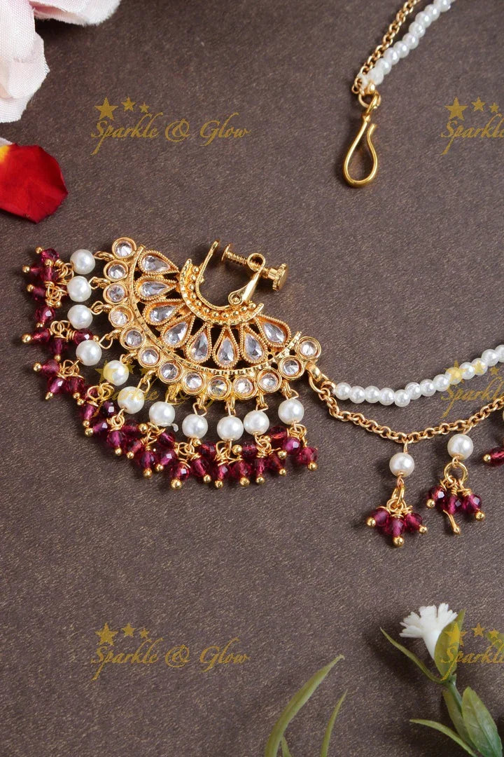 Antique half moon floral nosepin with pearl chain - Pink - Sparkle and Glow