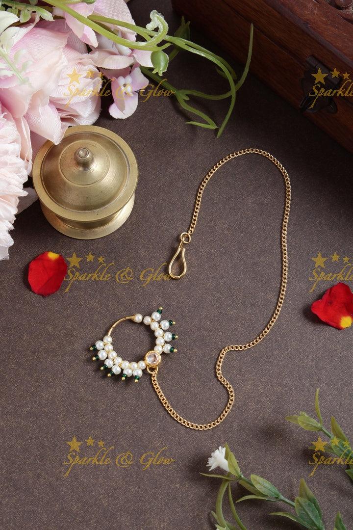 Antique Pearl Nosepin with Green Chain