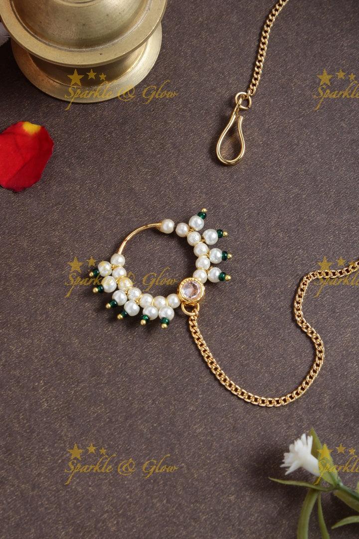 Antique Pearl Nosepin with Green Chain