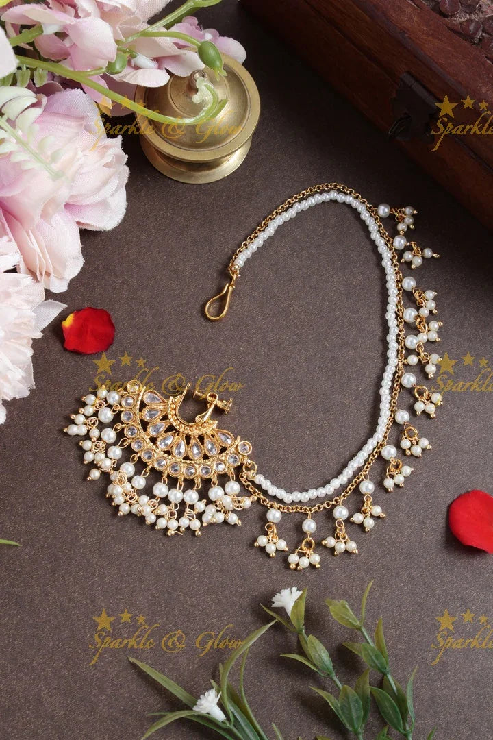 Antique half moon floral nosepin with pearl chain - Pink - Sparkle and Glow