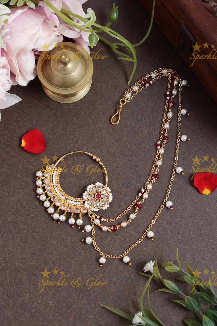Antique pearl white stone nosepin with pearl chain - White - Sparkle and Glow