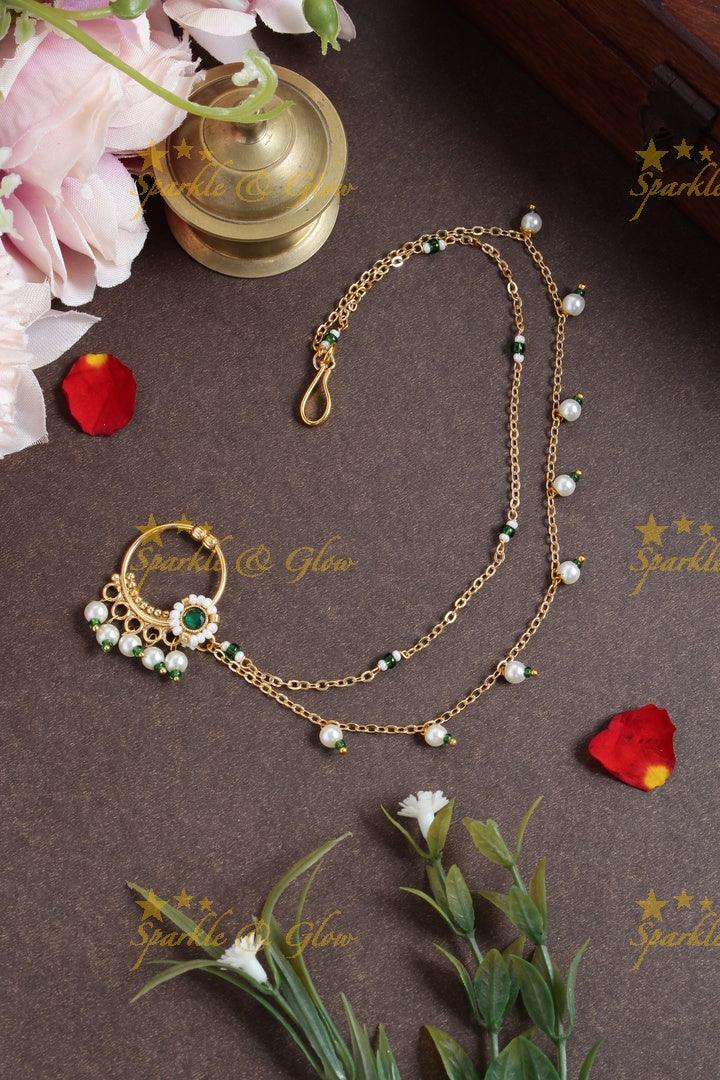 Antique simple pearl nosepin with pearl gold alike chain - Green - Sparkle and Glow