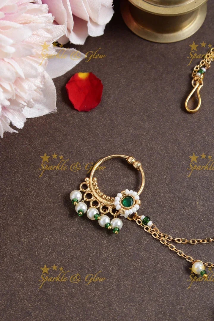 Antique simple pearl nosepin with pearl gold alike chain - Green - Sparkle and Glow
