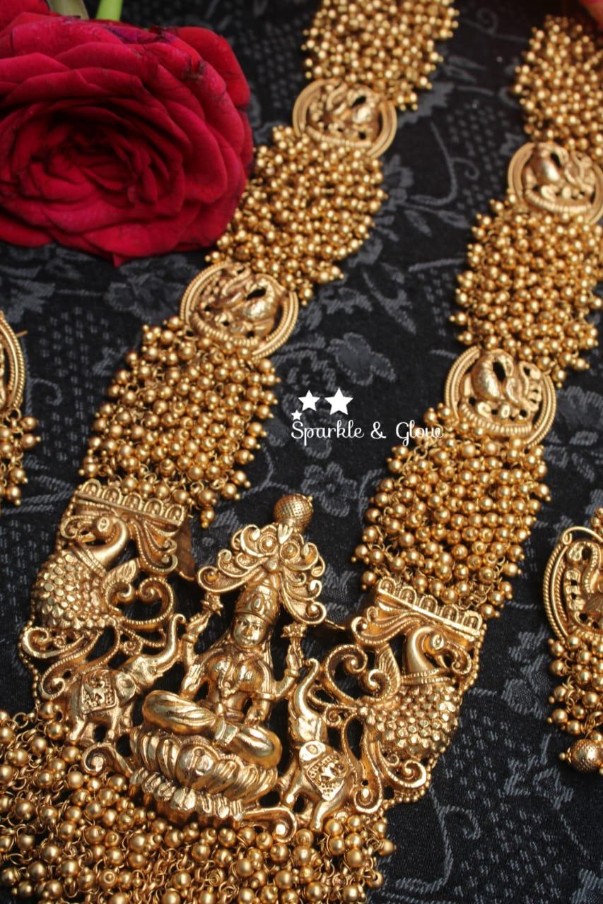 Gold alike polished Lakshmi mid length haram with gold beads cluster statement haram - Gold - Sparkle and Glow