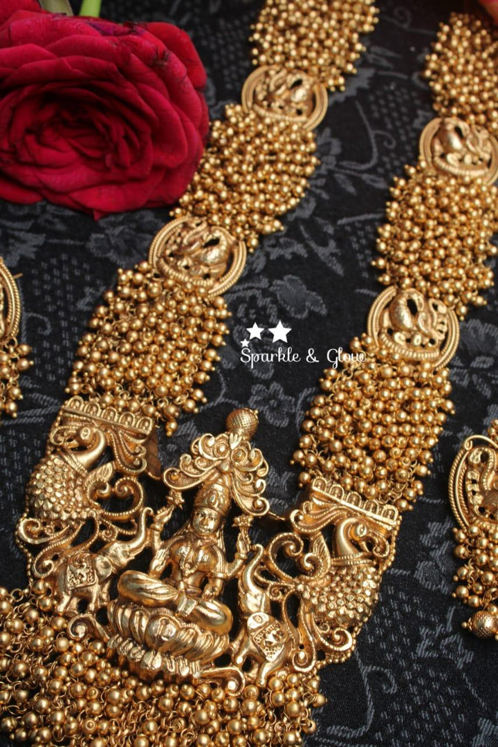 Gold alike polished Lakshmi mid length haram with gold beads cluster statement haram - Gold - Sparkle and Glow