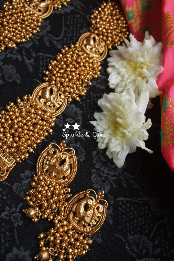 Gold alike polished Lakshmi mid length haram with gold beads cluster statement haram - Gold - Sparkle and Glow