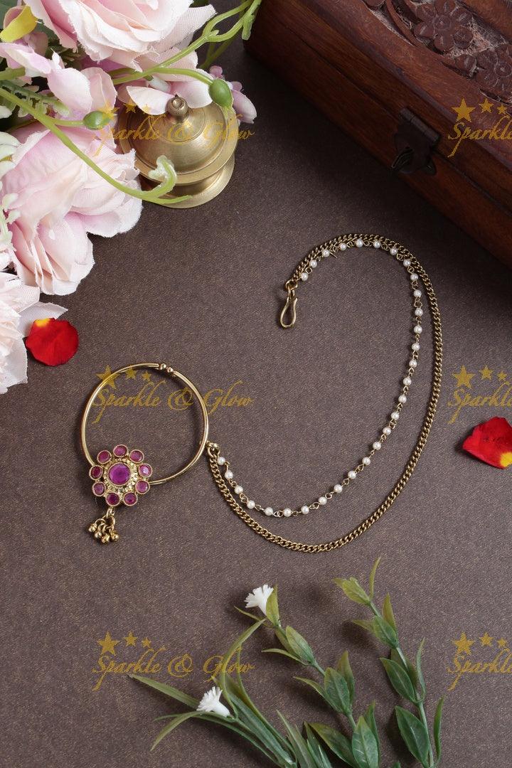 Antique floral bead nosepin with pearl chain - Pink - Sparkle and Glow