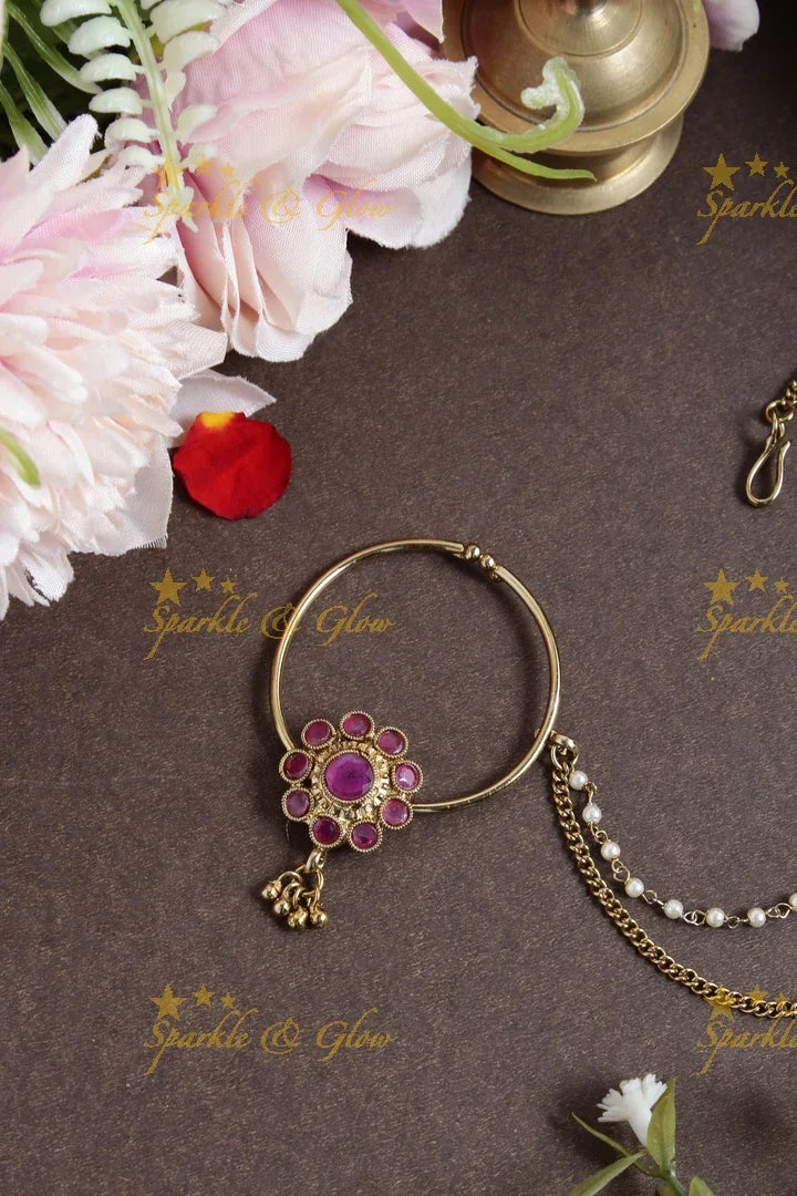 Antique floral bead nosepin with pearl chain - Pink - Sparkle and Glow