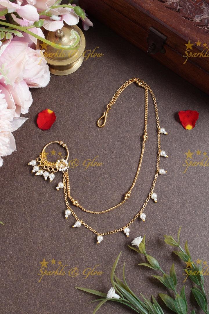 Antique simple pearl nosepin with pearl gold alike chain - Green - Sparkle and Glow