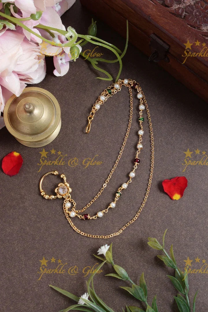 Antique Pearl Nosepin with Green Chain