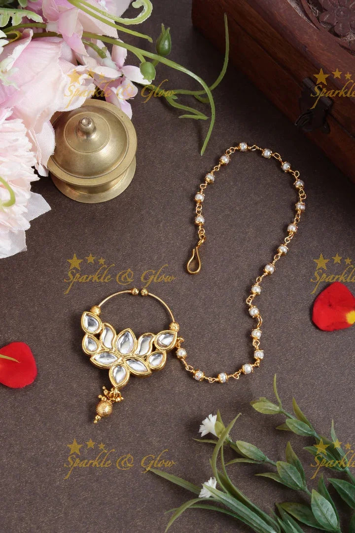 Antique lotus bead nosepin with pearl chain - white - Sparkle and Glow