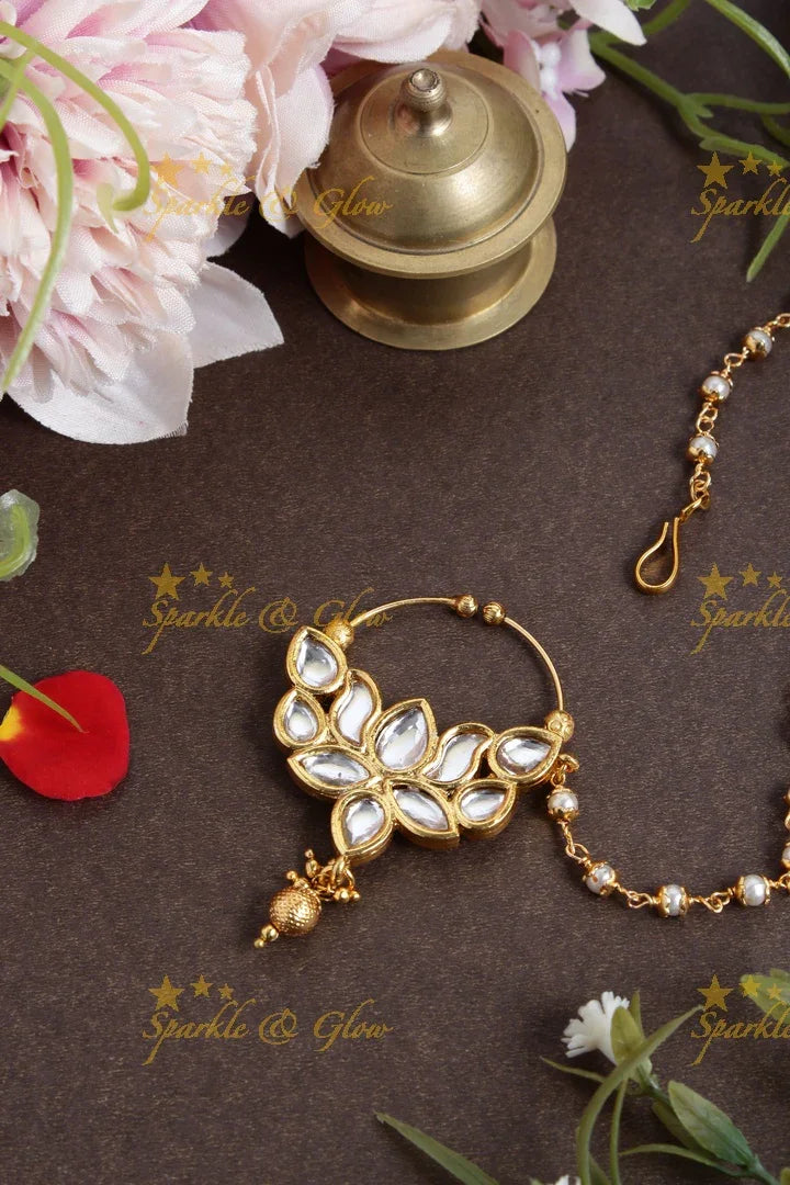 Antique lotus bead nosepin with pearl chain - white - Sparkle and Glow