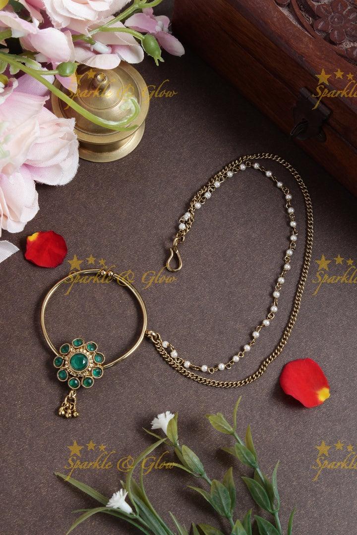 Antique floral bead nosepin with pearl chain - Pink - Sparkle and Glow