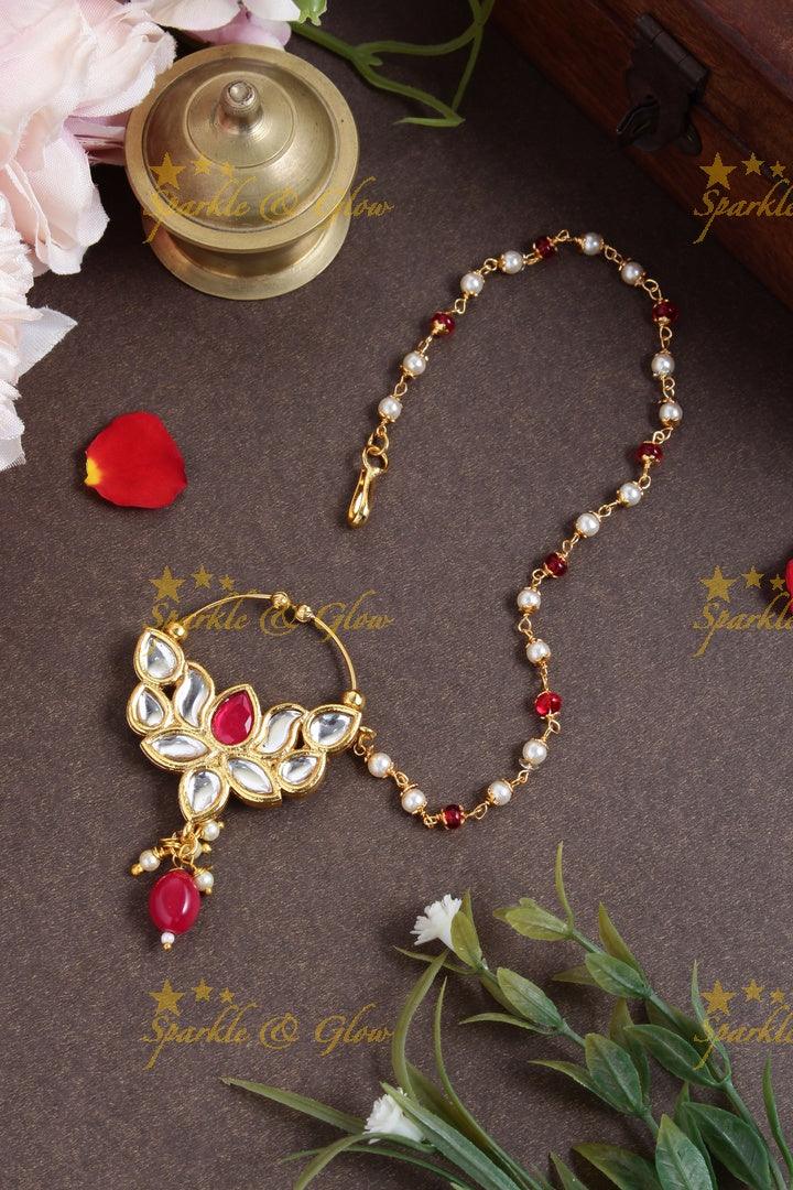 Antique lotus bead nosepin with pearl chain - white - Sparkle and Glow