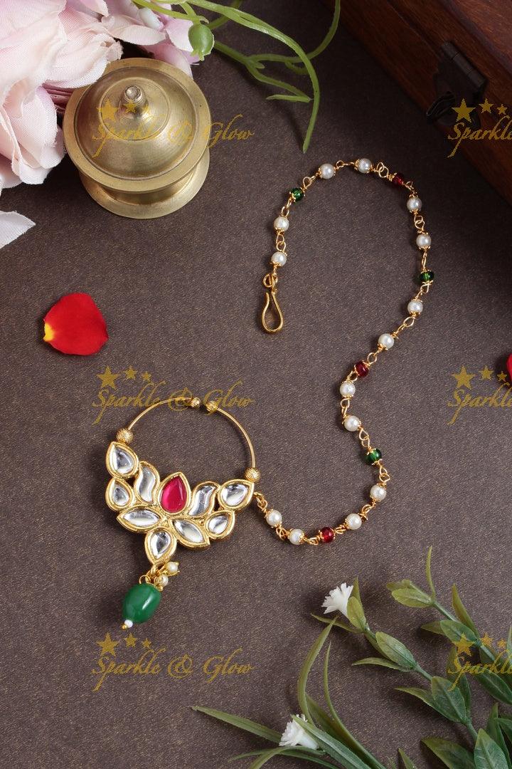Antique lotus bead nosepin with pearl chain - white - Sparkle and Glow