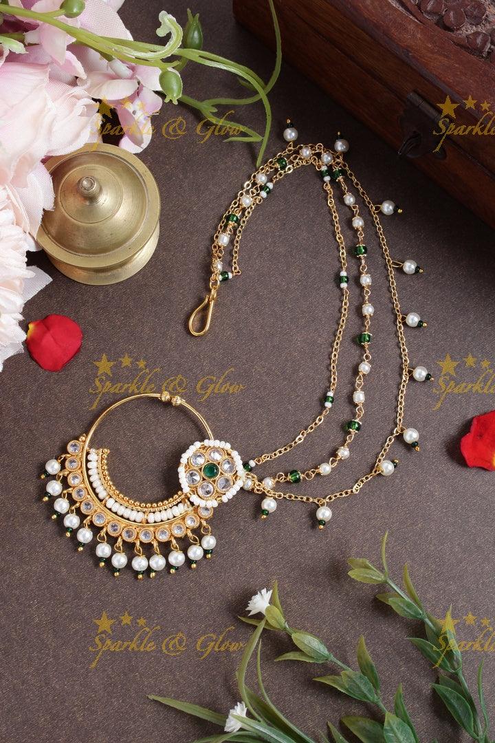 Antique pearl white stone nosepin with pearl chain - White - Sparkle and Glow