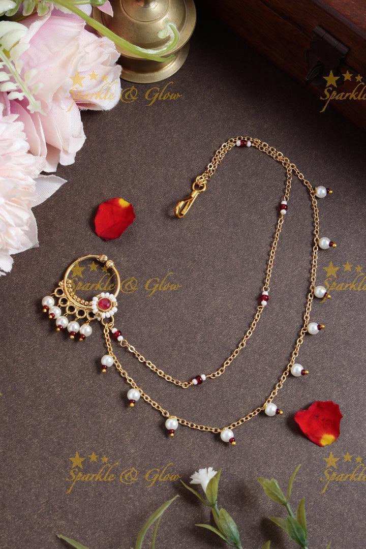 Antique simple pearl nosepin with pearl gold alike chain - Green - Sparkle and Glow