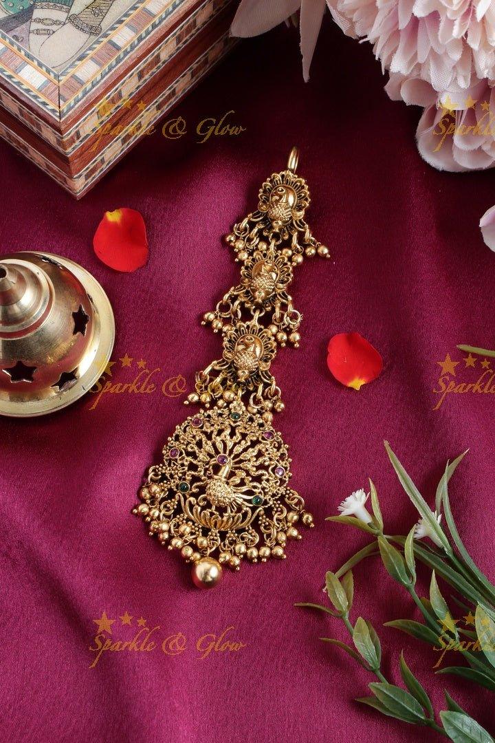 Gold alike intricately carved peacock gold beads tikka - Sparkle and Glow