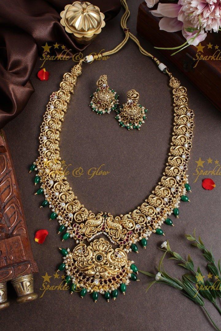 Exclusive peacock carved floral green beads necklace - Green - Sparkle and Glow