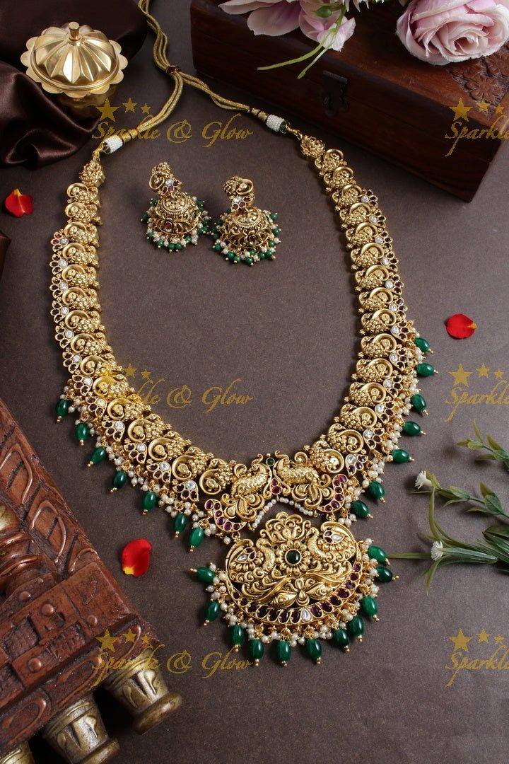 Exclusive peacock carved floral green beads necklace - Green - Sparkle and Glow