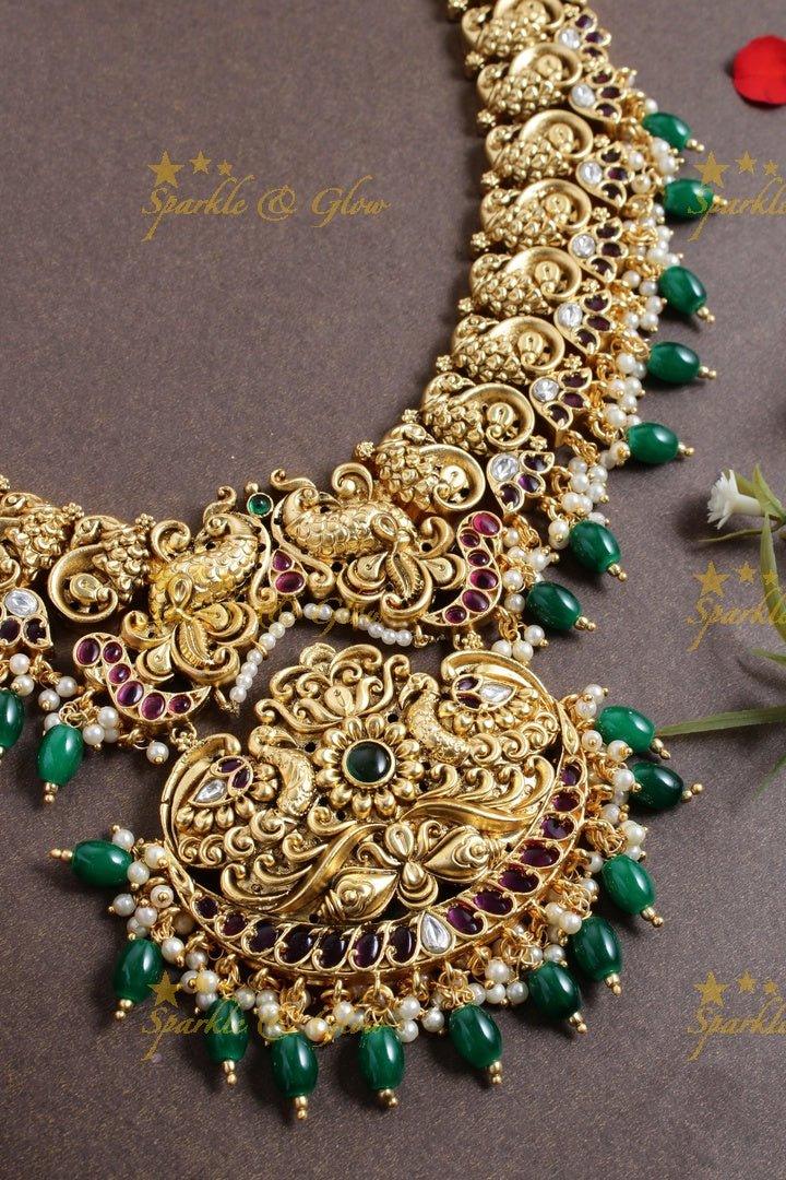 Exclusive peacock carved floral green beads necklace - Green - Sparkle and Glow