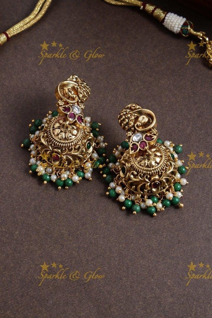 Exclusive peacock carved floral green beads necklace - Green - Sparkle and Glow