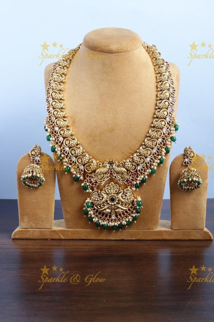 Exclusive peacock carved floral green beads necklace - Green - Sparkle and Glow