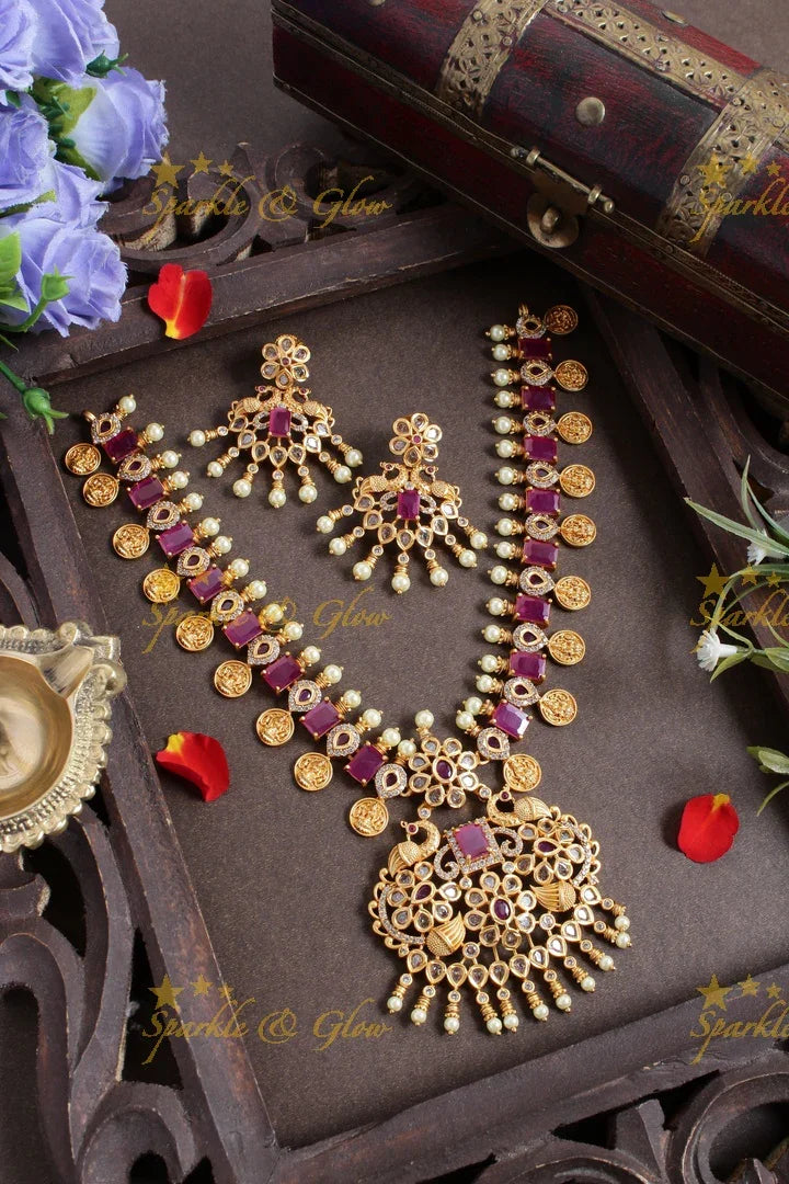Premium Matt Lakshmi coin floral peacock necklace - Green - Sparkle and Glow