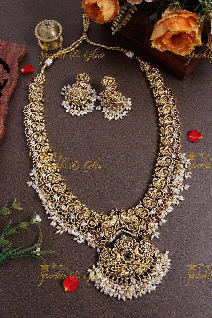 Exclusive peacock carved floral green beads necklace - Green - Sparkle and Glow