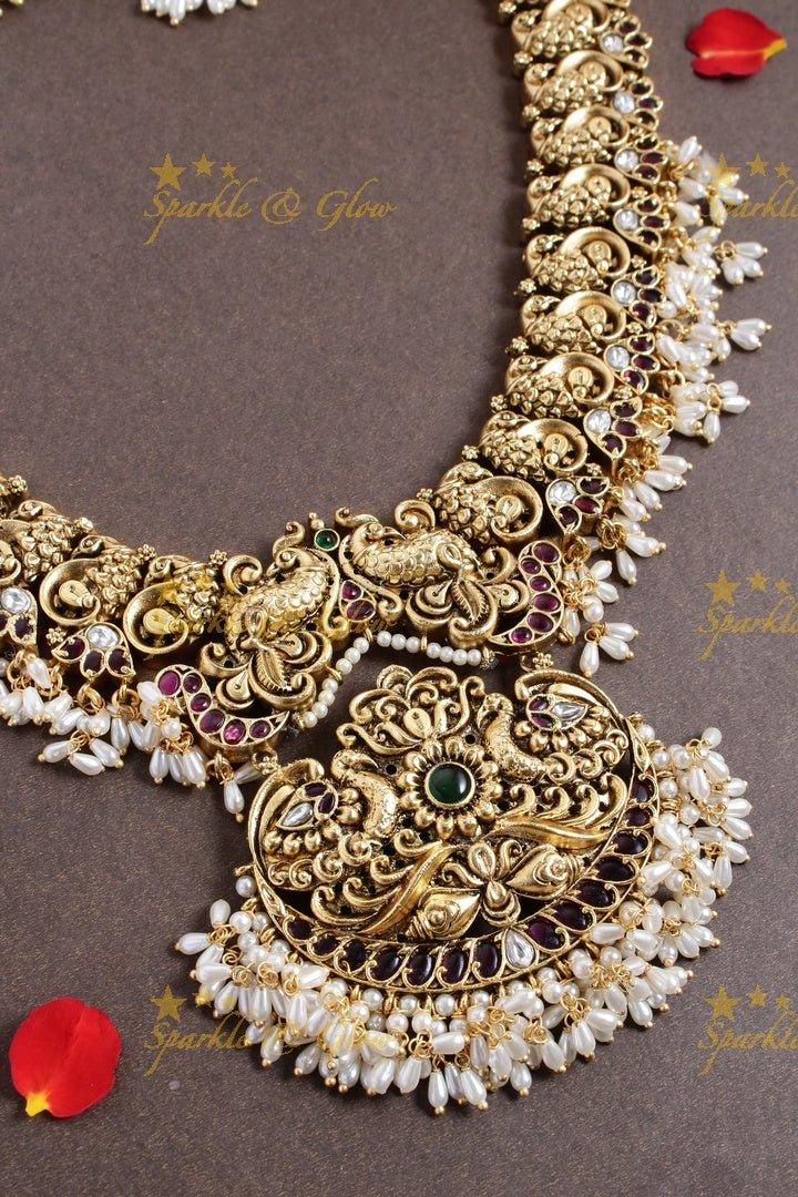 Exclusive peacock carved floral green beads necklace - Green - Sparkle and Glow