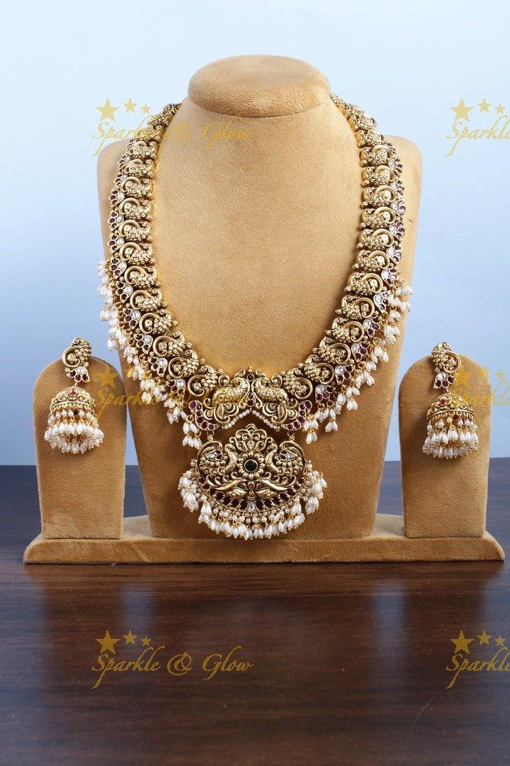 Exclusive peacock carved floral green beads necklace - Green - Sparkle and Glow