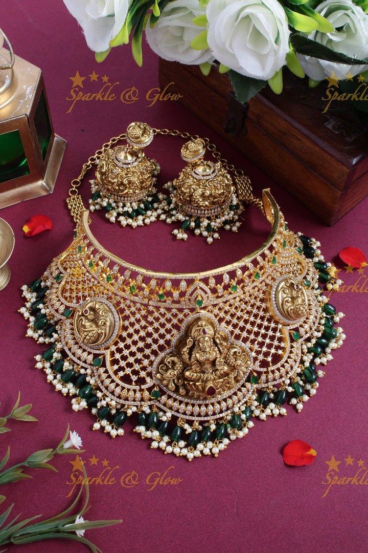 Exclusive Lakshmi peacock carved green beads guttapusalu choker necklace - Sparkle and Glow