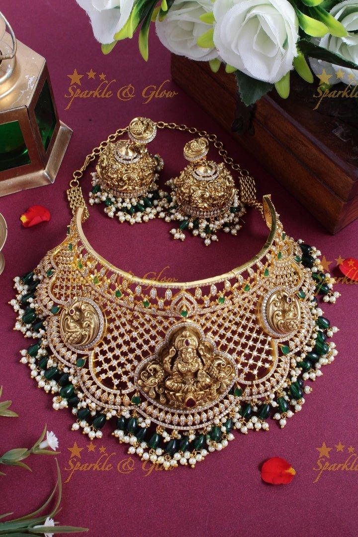 Exclusive Lakshmi peacock carved green beads guttapusalu choker necklace - Sparkle and Glow