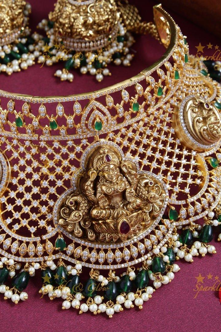 Exclusive Lakshmi peacock carved green beads guttapusalu choker necklace - Sparkle and Glow