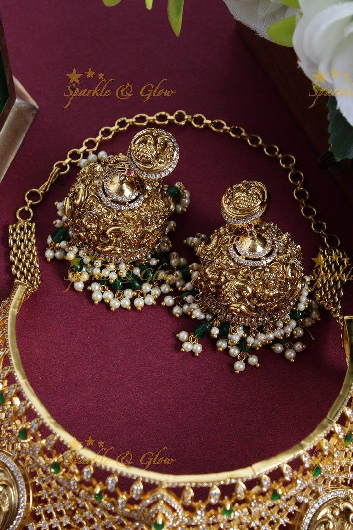 Exclusive Lakshmi peacock carved green beads guttapusalu choker necklace - Sparkle and Glow