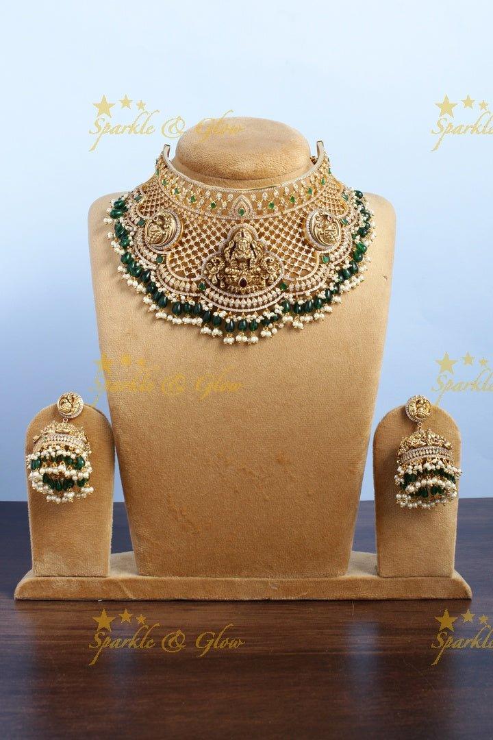 Exclusive Lakshmi peacock carved green beads guttapusalu choker necklace - Sparkle and Glow