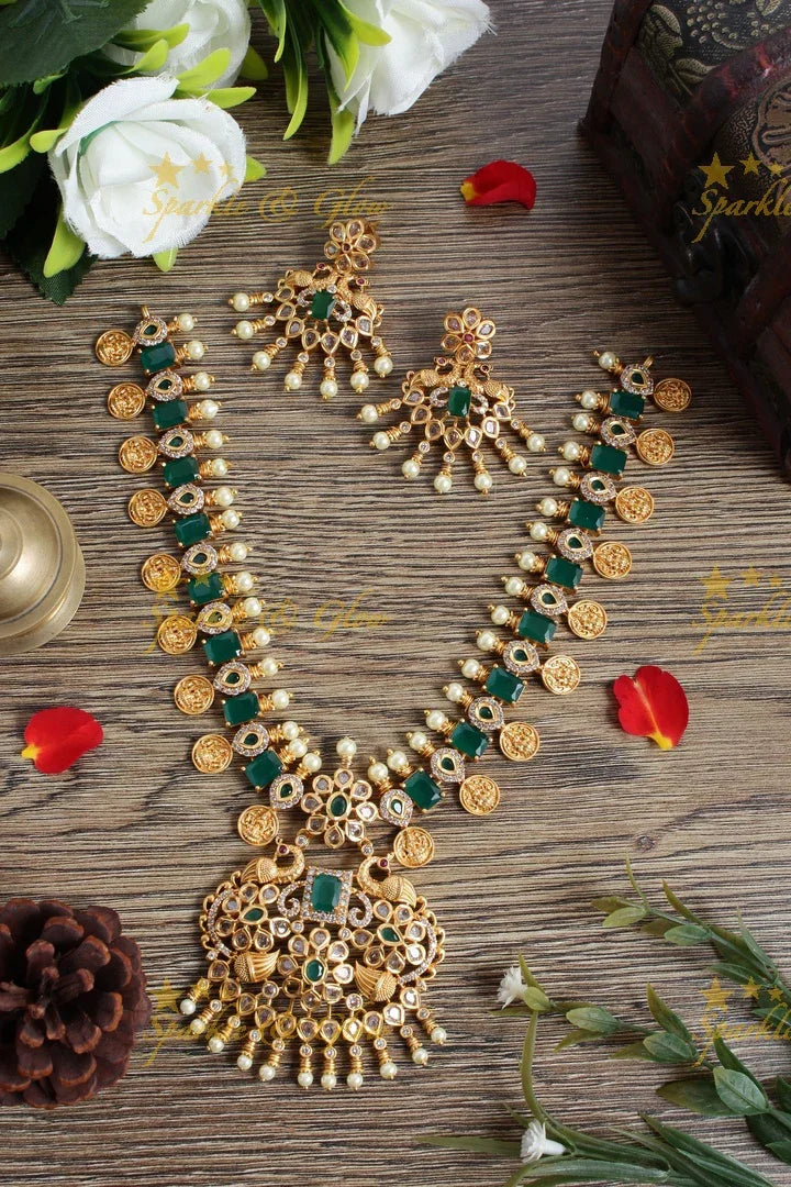 Premium Matt Lakshmi coin floral peacock necklace - Green - Sparkle and Glow