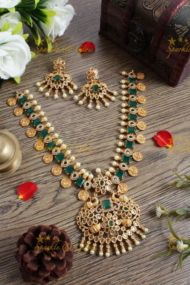 Premium Matt Lakshmi coin floral peacock necklace - Green - Sparkle and Glow