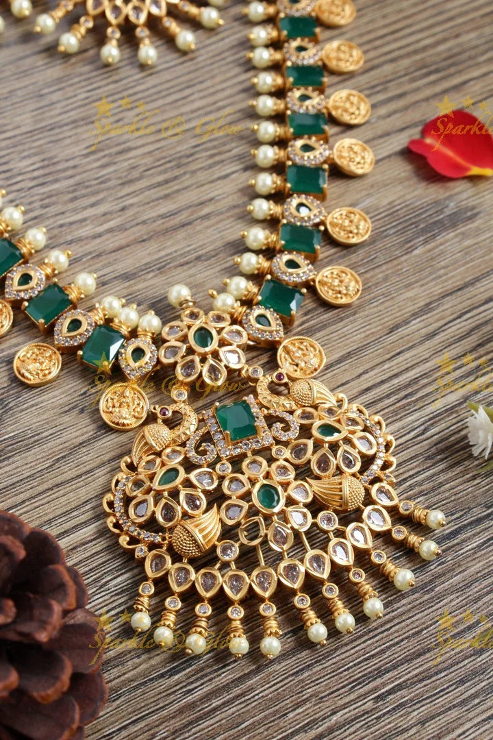 Premium Matt Lakshmi coin floral peacock necklace - Green - Sparkle and Glow