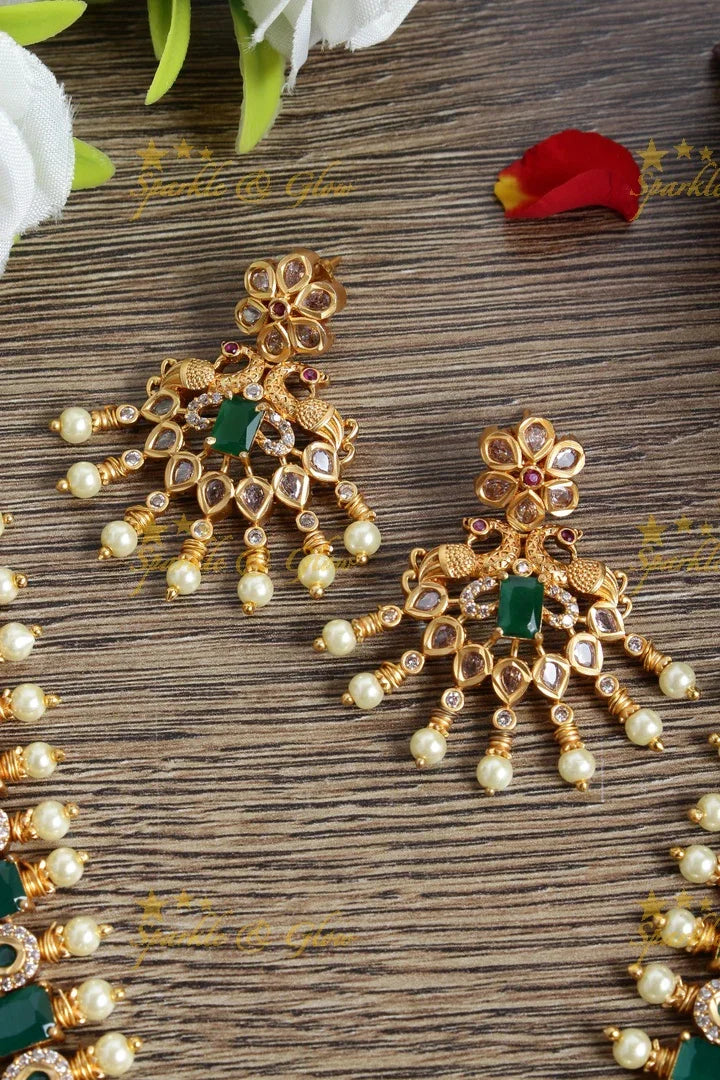 Premium Matt Lakshmi coin floral peacock necklace - Green - Sparkle and Glow