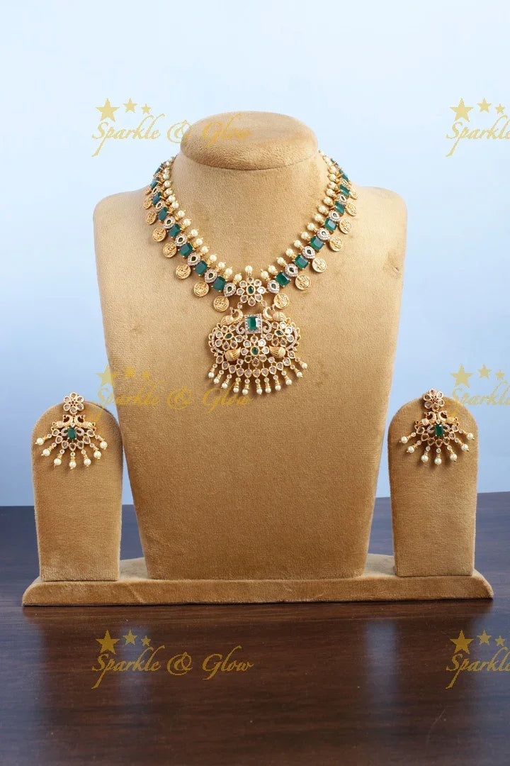 Premium Matt Lakshmi coin floral peacock necklace - Green - Sparkle and Glow