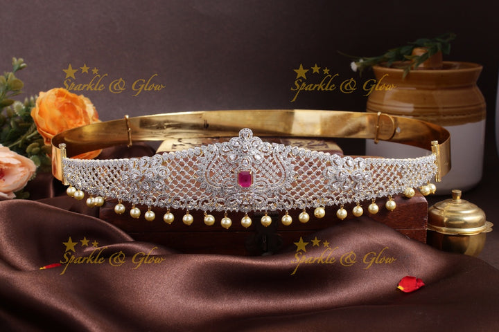 Sparkling floral intricate design pearl AD hipbelt - Pink