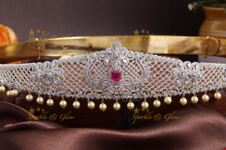 Sparkling floral intricate design pearl AD hipbelt - Pink