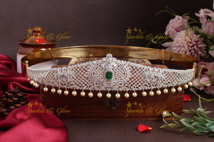 Sparkling floral intricate design pearl AD hipbelt - Green