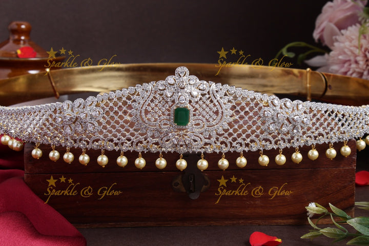 Sparkling floral intricate design pearl AD hipbelt - Green