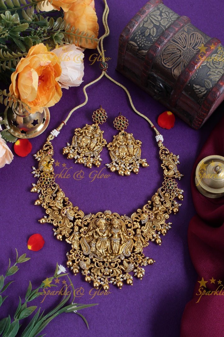 Gold alike short Lord RadhaKrishna carved floral pearl gold beads necklace - Sparkle and Glow - Back Thread - 